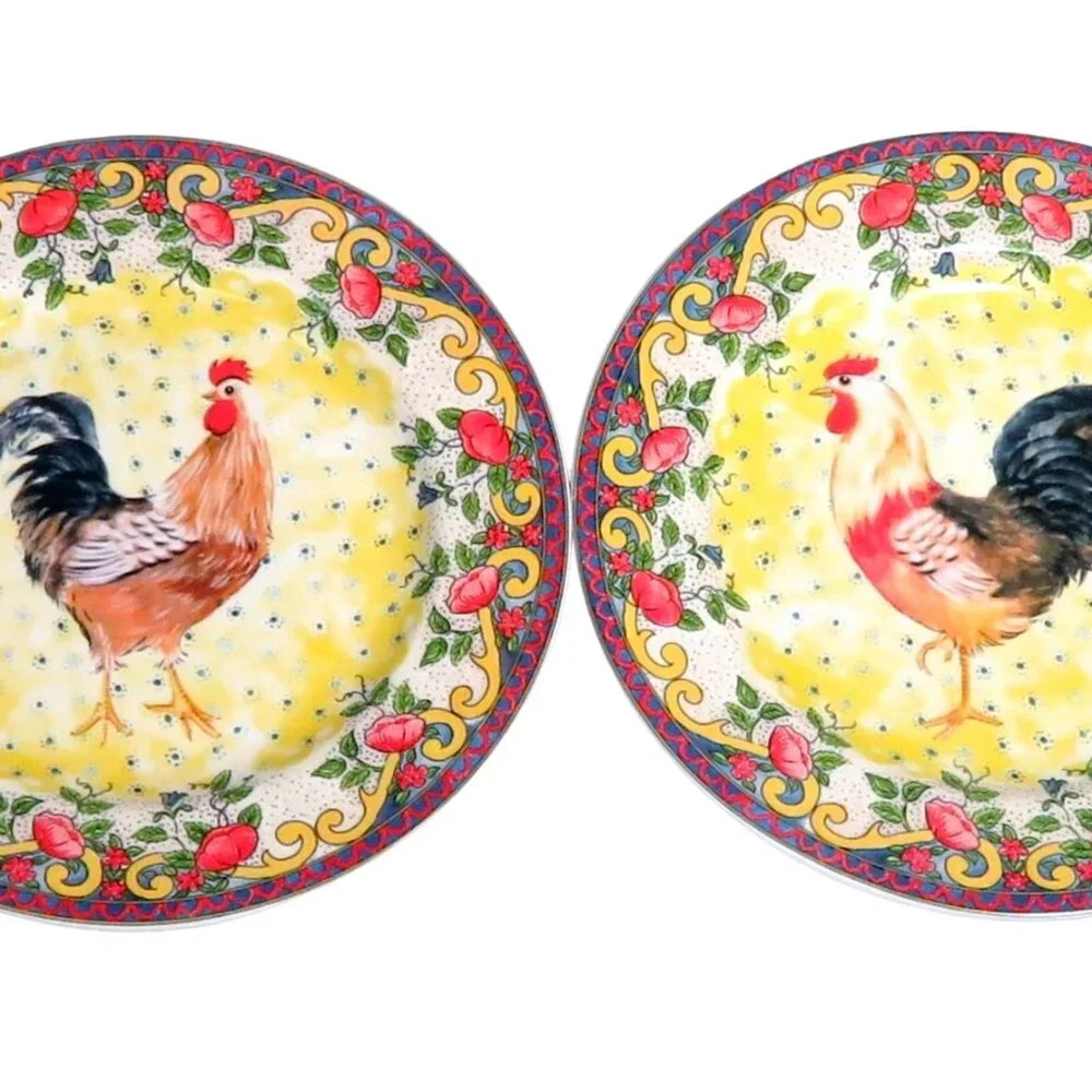 Set of 2 American Atelier Petite Provence 8 Inch Porcelain Rooster Salad Plates